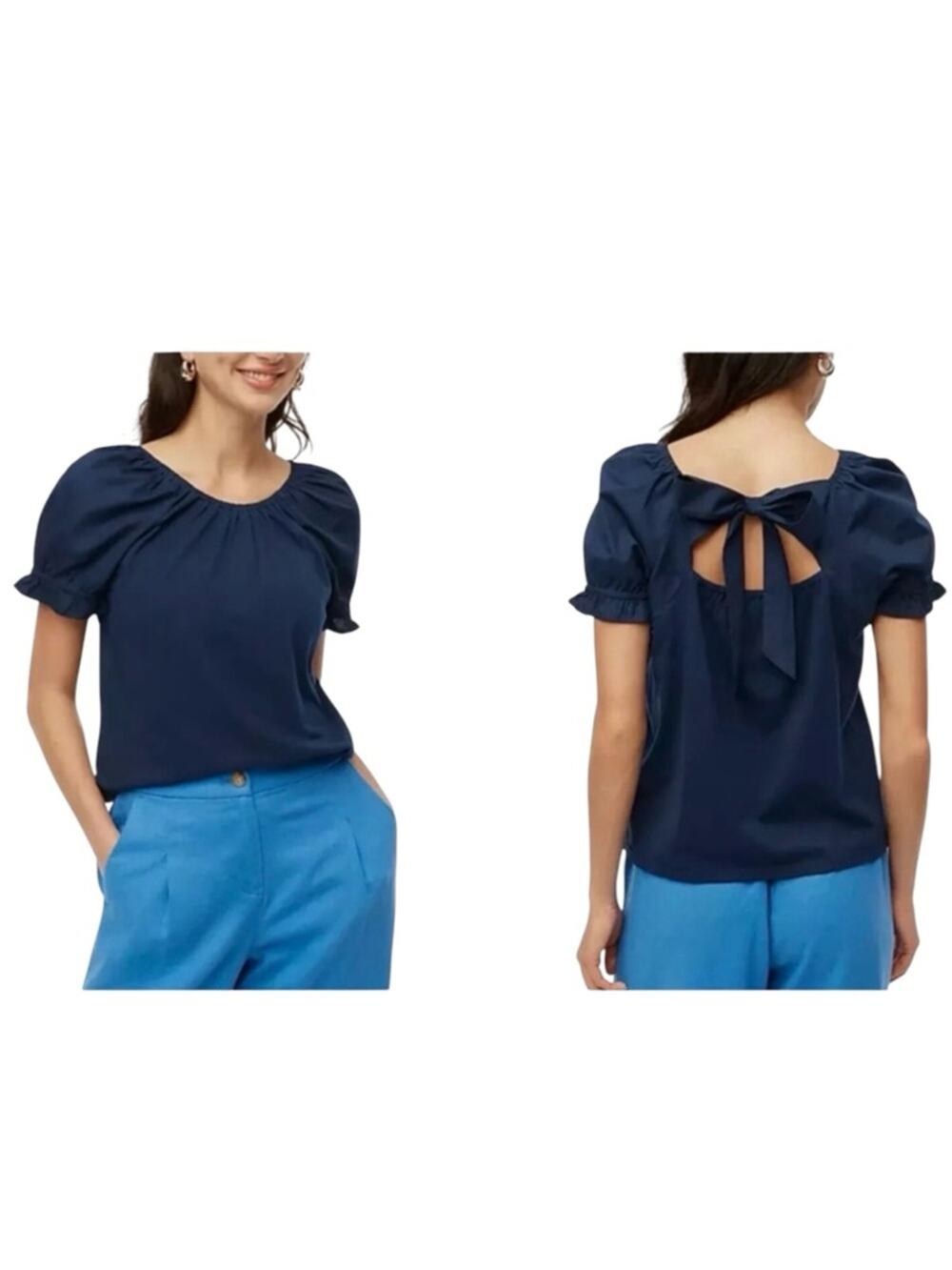 NWT J.Crew Factory 100% Cotton Tie  Back Ruffle Puff Sleeves Navy Blue Top  Sz L